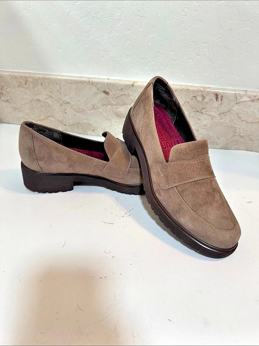 Munro Suede Loafers in taupe suede. 6M